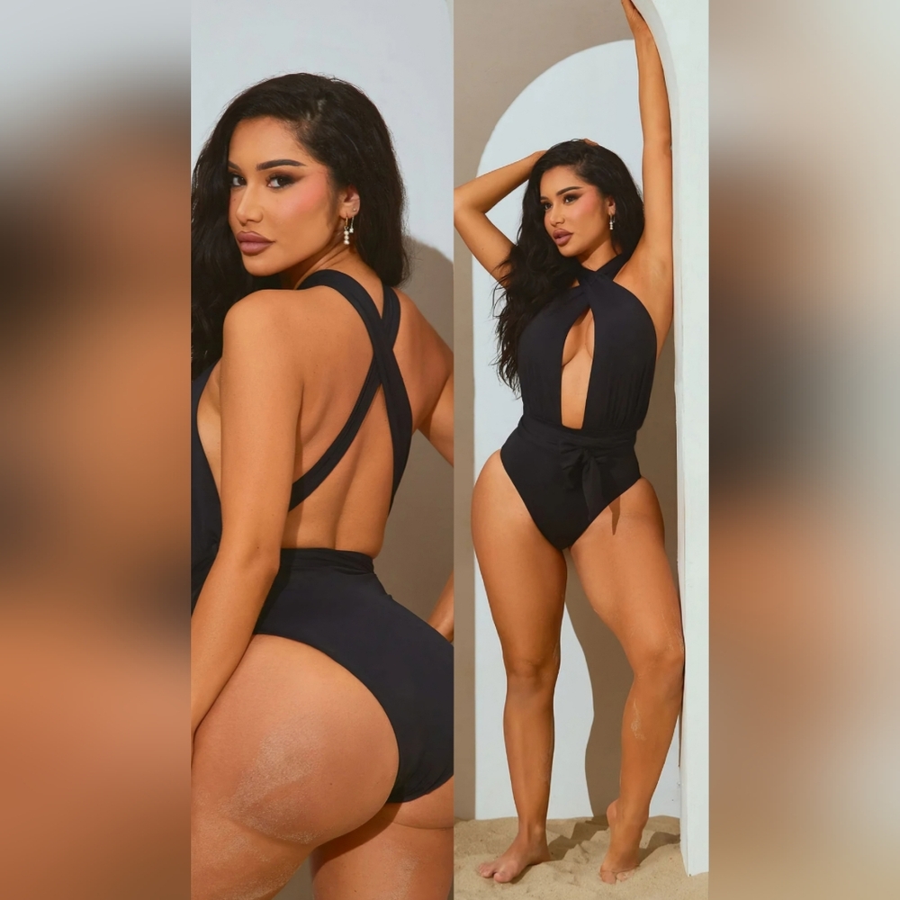 Fashion Nova Sunny Beach Day Multi‎ Wear 1 Piece Black Swimsuit~ Medium NWT
